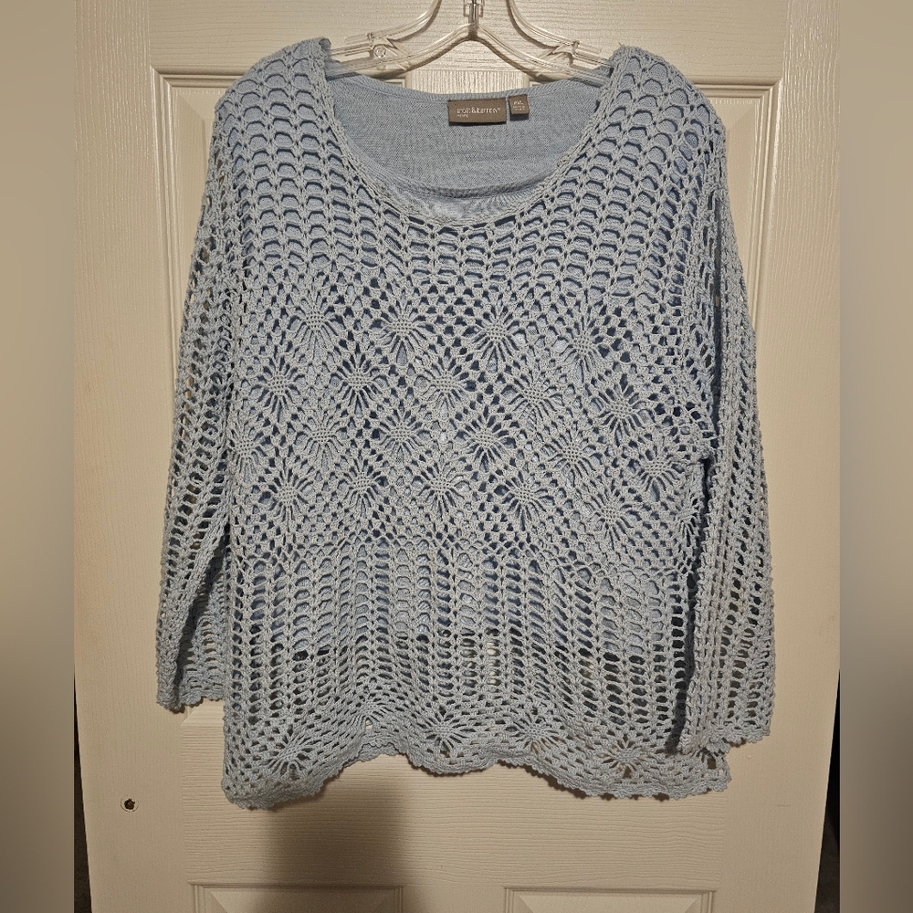 Light Blue Layered Knit Top Open Weave Sweater sz PXL
